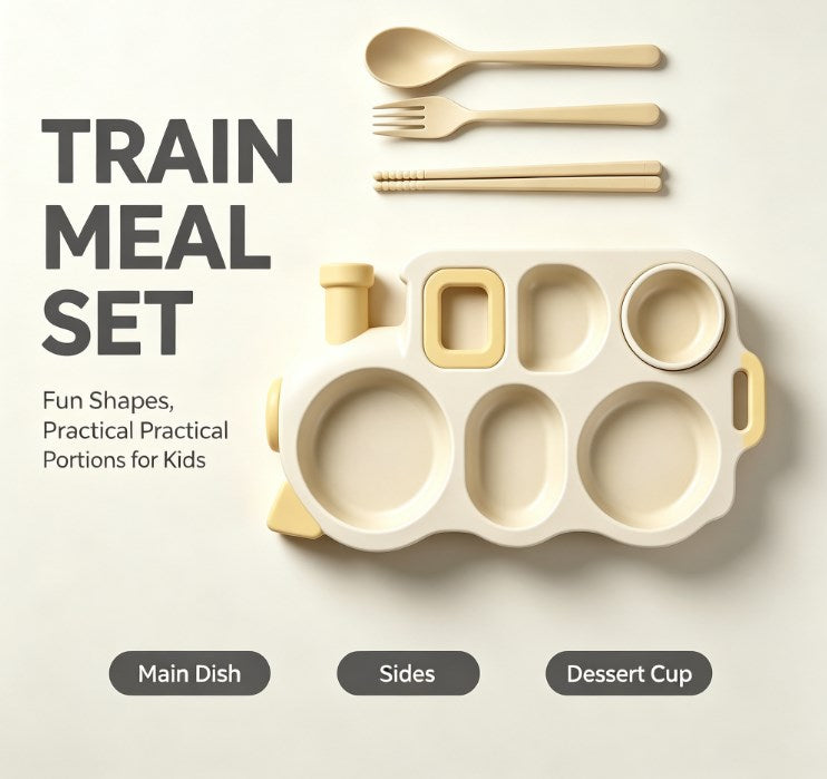 Novelty Train Divided Dinner Plate for Kids - Sectioned Feeding Tray with Matching Cutlery Set - Safe, Durable & Fun Tableware for Picky Eaters