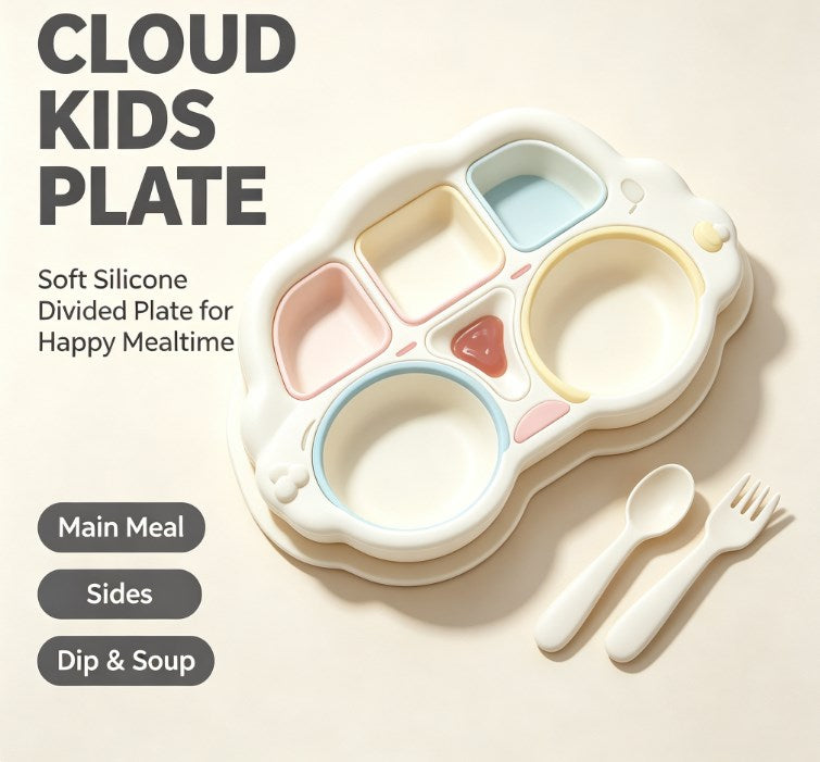 Kids Cartoon Divided Suction Plate Set - Multi-Compartment Silicone Toddler Dinnerware with Spoon & Fork - BPA Free, Non-Slip & Easy Clean