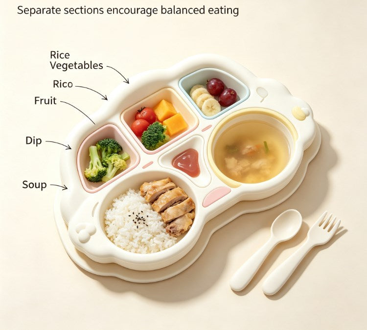 Kids Cartoon Divided Suction Plate Set - Multi-Compartment Silicone Toddler Dinnerware with Spoon & Fork - BPA Free, Non-Slip & Easy Clean