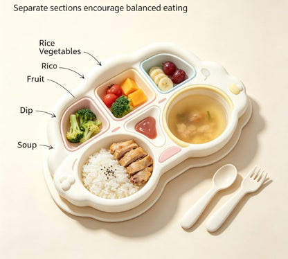 Kids Cartoon Divided Suction Plate Set - Multi-Compartment Silicone Toddler Dinnerware with Spoon & Fork - BPA Free, Non-Slip & Easy Clean