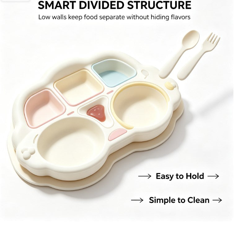 Kids Cartoon Divided Suction Plate Set - Multi-Compartment Silicone Toddler Dinnerware with Spoon & Fork - BPA Free, Non-Slip & Easy Clean