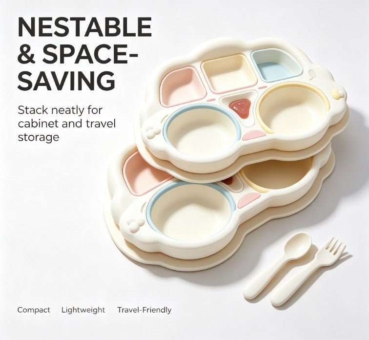 Kids Cartoon Divided Suction Plate Set - Multi-Compartment Silicone Toddler Dinnerware with Spoon & Fork - BPA Free, Non-Slip & Easy Clean
