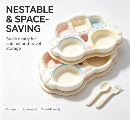 Kids Cartoon Divided Suction Plate Set - Multi-Compartment Silicone Toddler Dinnerware with Spoon & Fork - BPA Free, Non-Slip & Easy Clean