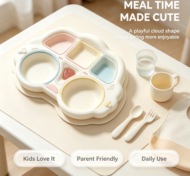 Kids Cartoon Divided Suction Plate Set - Multi-Compartment Silicone Toddler Dinnerware with Spoon & Fork - BPA Free, Non-Slip & Easy Clean