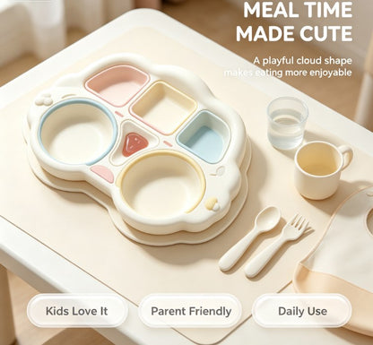 Kids Cartoon Divided Suction Plate Set - Multi-Compartment Silicone Toddler Dinnerware with Spoon & Fork - BPA Free, Non-Slip & Easy Clean