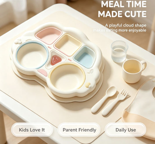 Kids Cartoon Divided Suction Plate Set - Multi-Compartment Silicone Toddler Dinnerware with Spoon & Fork - BPA Free, Non-Slip & Easy Clean