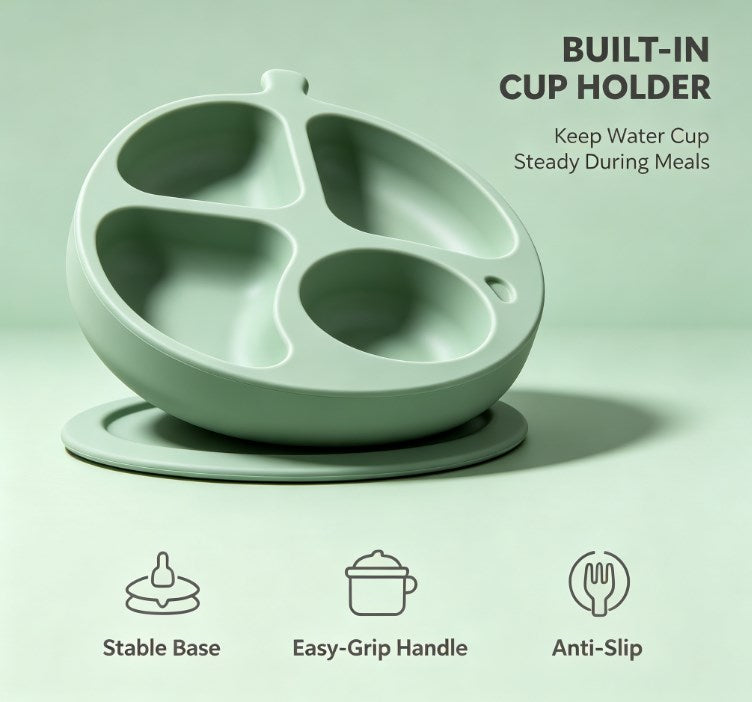 Kids Fruit-Shaped Divided Suction Plate Set - Sectioned Silicone Toddler Dinnerware with Matching Spoon & Fork - BPA Free, Non-Slip & Easy Clean