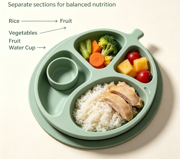 Kids Fruit-Shaped Divided Suction Plate Set - Sectioned Silicone Toddler Dinnerware with Matching Spoon & Fork - BPA Free, Non-Slip & Easy Clean