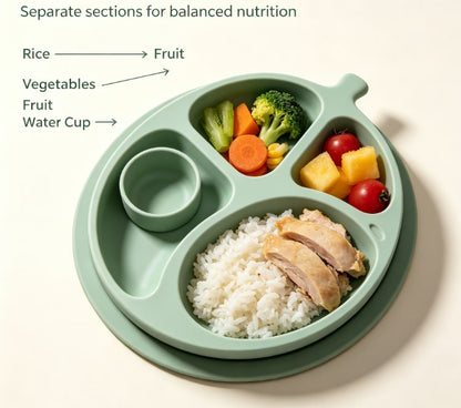 Kids Fruit-Shaped Divided Suction Plate Set - Sectioned Silicone Toddler Dinnerware with Matching Spoon & Fork - BPA Free, Non-Slip & Easy Clean