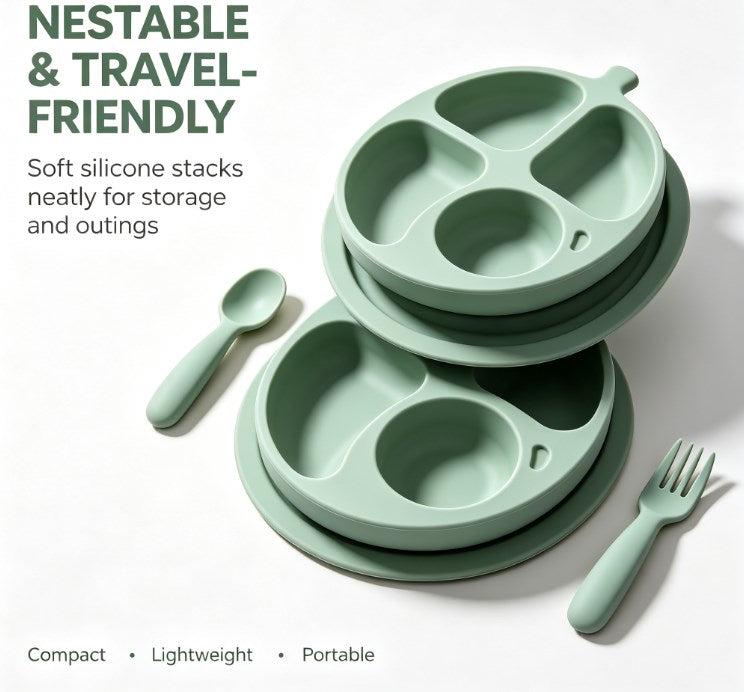 Kids Fruit-Shaped Divided Suction Plate Set - Sectioned Silicone Toddler Dinnerware with Matching Spoon & Fork - BPA Free, Non-Slip & Easy Clean