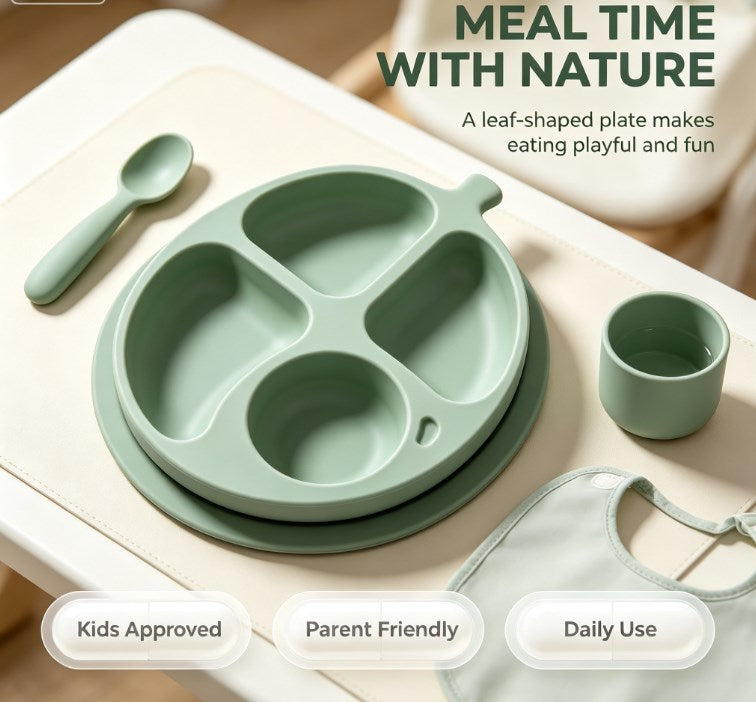 Kids Fruit-Shaped Divided Suction Plate Set - Sectioned Silicone Toddler Dinnerware with Matching Spoon & Fork - BPA Free, Non-Slip & Easy Clean