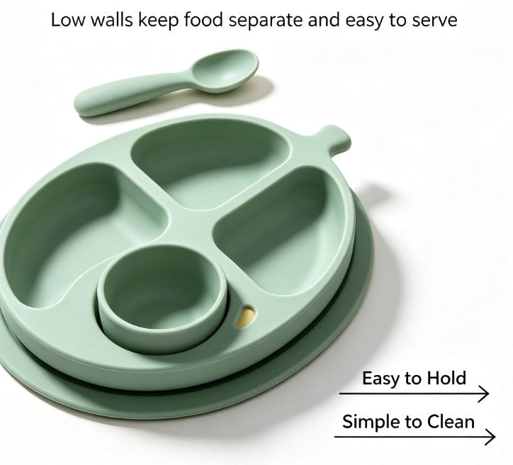 Kids Fruit-Shaped Divided Suction Plate Set - Sectioned Silicone Toddler Dinnerware with Matching Spoon & Fork - BPA Free, Non-Slip & Easy Clean