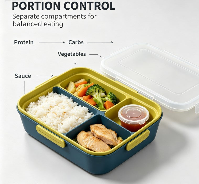 Leakproof Bento Lunch Box for Adults & Kids - Multi-Compartment Meal Prep Container with Sauce Cup & Airtight Locking Lid - BPA Free, Microwave & Dishwasher Safe
