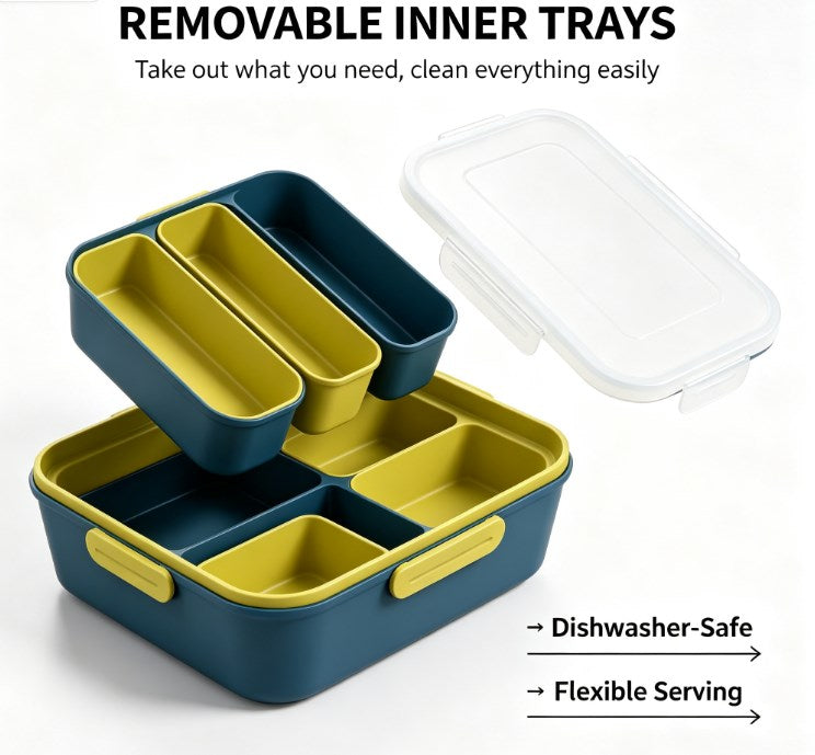 Leakproof Bento Lunch Box for Adults & Kids - Multi-Compartment Meal Prep Container with Sauce Cup & Airtight Locking Lid - BPA Free, Microwave & Dishwasher Safe