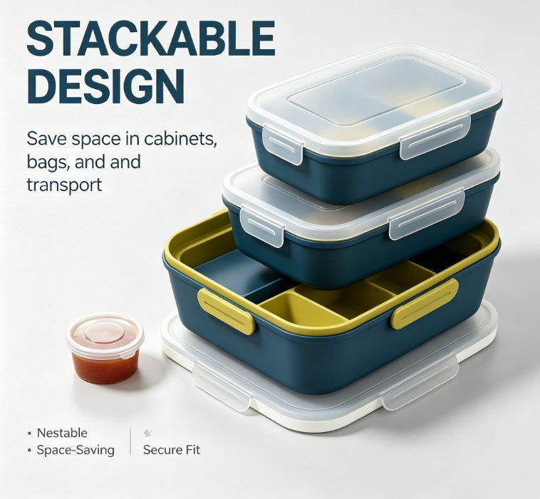 Leakproof Bento Lunch Box for Adults & Kids - Multi-Compartment Meal Prep Container with Sauce Cup & Airtight Locking Lid - BPA Free, Microwave & Dishwasher Safe