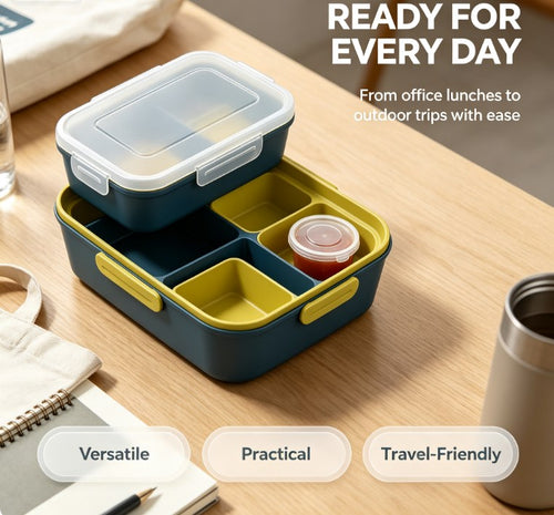 Leakproof Bento Lunch Box for Adults & Kids - Multi-Compartment Meal Prep Container with Sauce Cup & Airtight Locking Lid - BPA Free, Microwave & Dishwasher Safe