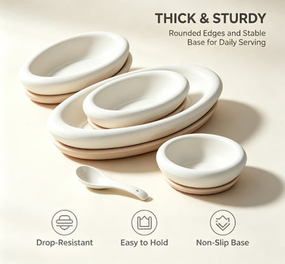 Minimalist Ceramic Tableware Set - Elegant Oval Serving Platters, Bowls & Spoon - Modern Non-Slip Dinnerware for Home & Kitchen