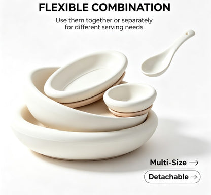 Minimalist Ceramic Tableware Set - Elegant Oval Serving Platters, Bowls & Spoon - Modern Non-Slip Dinnerware for Home & Kitchen