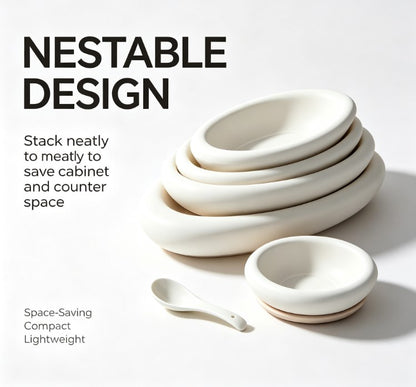 Minimalist Ceramic Tableware Set - Elegant Oval Serving Platters, Bowls & Spoon - Modern Non-Slip Dinnerware for Home & Kitchen