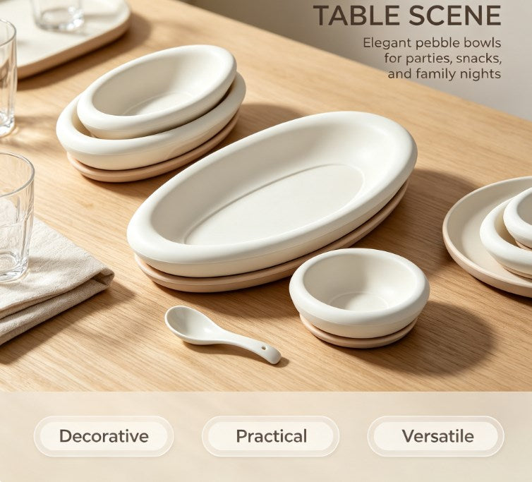 Minimalist Ceramic Tableware Set - Elegant Oval Serving Platters, Bowls & Spoon - Modern Non-Slip Dinnerware for Home & Kitchen