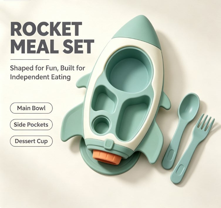 Novelty Rocket Suction Divided Dinner Tray for Babies & Kids - Cute Feeding Plate with Matching Utensils Set - Safe & Durable Tableware