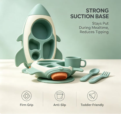 Novelty Rocket Suction Divided Dinner Tray for Babies & Kids - Cute Feeding Plate with Matching Utensils Set - Safe & Durable Tableware