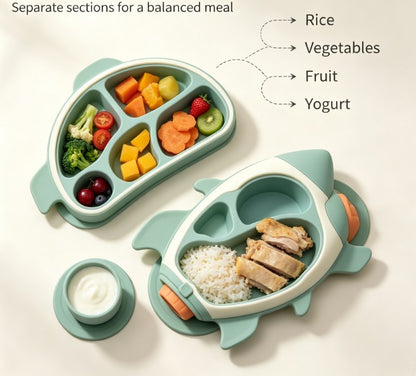 Novelty Rocket Suction Divided Dinner Tray for Babies & Kids - Cute Feeding Plate with Matching Utensils Set - Safe & Durable Tableware