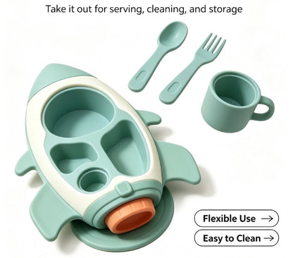 Novelty Rocket Suction Divided Dinner Tray for Babies & Kids - Cute Feeding Plate with Matching Utensils Set - Safe & Durable Tableware