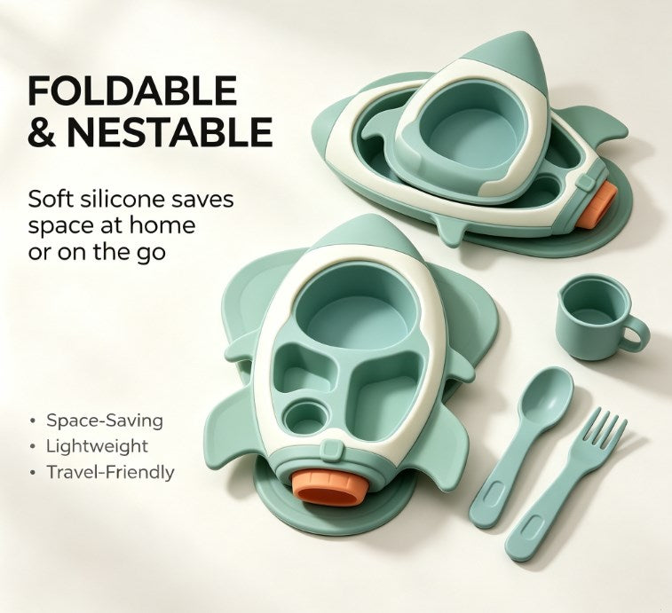 Novelty Rocket Suction Divided Dinner Tray for Babies & Kids - Cute Feeding Plate with Matching Utensils Set - Safe & Durable Tableware