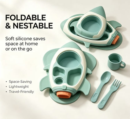 Novelty Rocket Suction Divided Dinner Tray for Babies & Kids - Cute Feeding Plate with Matching Utensils Set - Safe & Durable Tableware