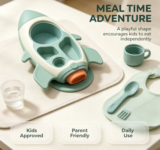 Novelty Rocket Suction Divided Dinner Tray for Babies & Kids - Cute Feeding Plate with Matching Utensils Set - Safe & Durable Tableware