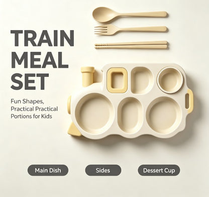 Novelty Train Divided Dinner Plate for Kids - Sectioned Feeding Tray with Matching Cutlery Set - Safe, Durable & Fun Tableware for Picky Eaters