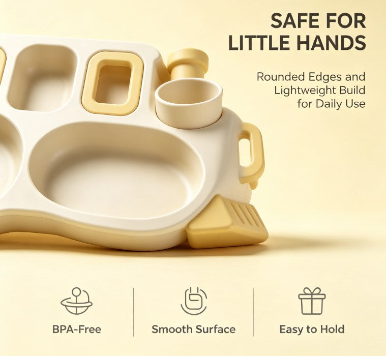 Novelty Train Divided Dinner Plate for Kids - Sectioned Feeding Tray with Matching Cutlery Set - Safe, Durable & Fun Tableware for Picky Eaters