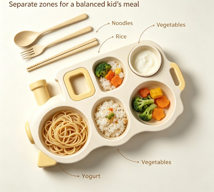 Novelty Train Divided Dinner Plate for Kids - Sectioned Feeding Tray with Matching Cutlery Set - Safe, Durable & Fun Tableware for Picky Eaters