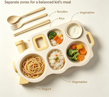 Novelty Train Divided Dinner Plate for Kids - Sectioned Feeding Tray with Matching Cutlery Set - Safe, Durable & Fun Tableware for Picky Eaters
