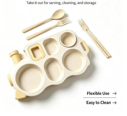 Novelty Train Divided Dinner Plate for Kids - Sectioned Feeding Tray with Matching Cutlery Set - Safe, Durable & Fun Tableware for Picky Eaters
