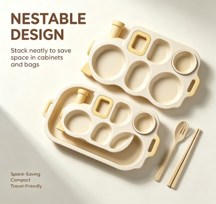 Novelty Train Divided Dinner Plate for Kids - Sectioned Feeding Tray with Matching Cutlery Set - Safe, Durable & Fun Tableware for Picky Eaters