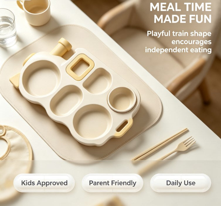 Novelty Train Divided Dinner Plate for Kids - Sectioned Feeding Tray with Matching Cutlery Set - Safe, Durable & Fun Tableware for Picky Eaters