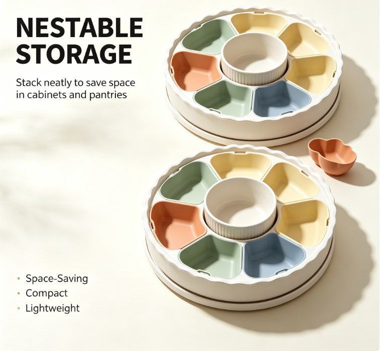 Pastel Multi-Compartment Snack Organizer Box - Sectioned Appetizer Dish with Center Bowl - Durable & Stylish Tableware for Gathering